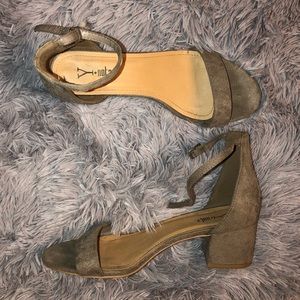 Gray suede chunky heal sandals